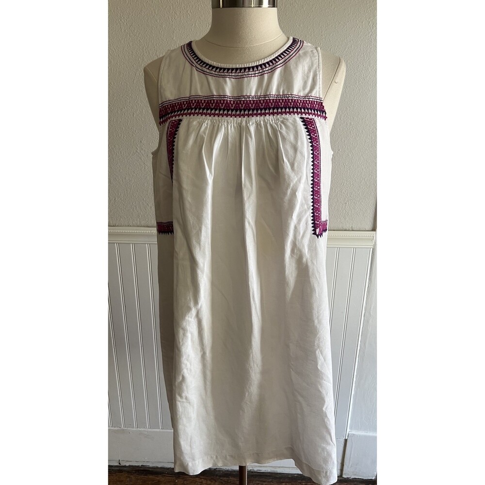 Women's Sleeveless Shift Dress Cotton/Linen Lined Embroidered Purple White M